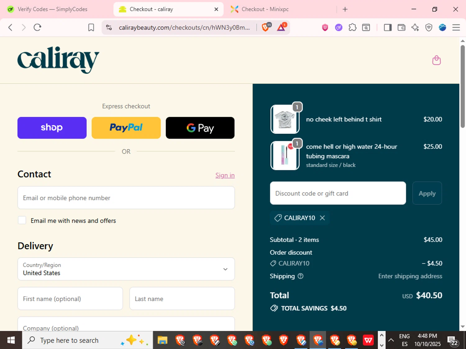 caliray discount code screenshot showing code CALIRAY10 applied at caliray checkout page. Uploaded by SimplyCodes community member TokenPilot3367 on Oct 10, 2025