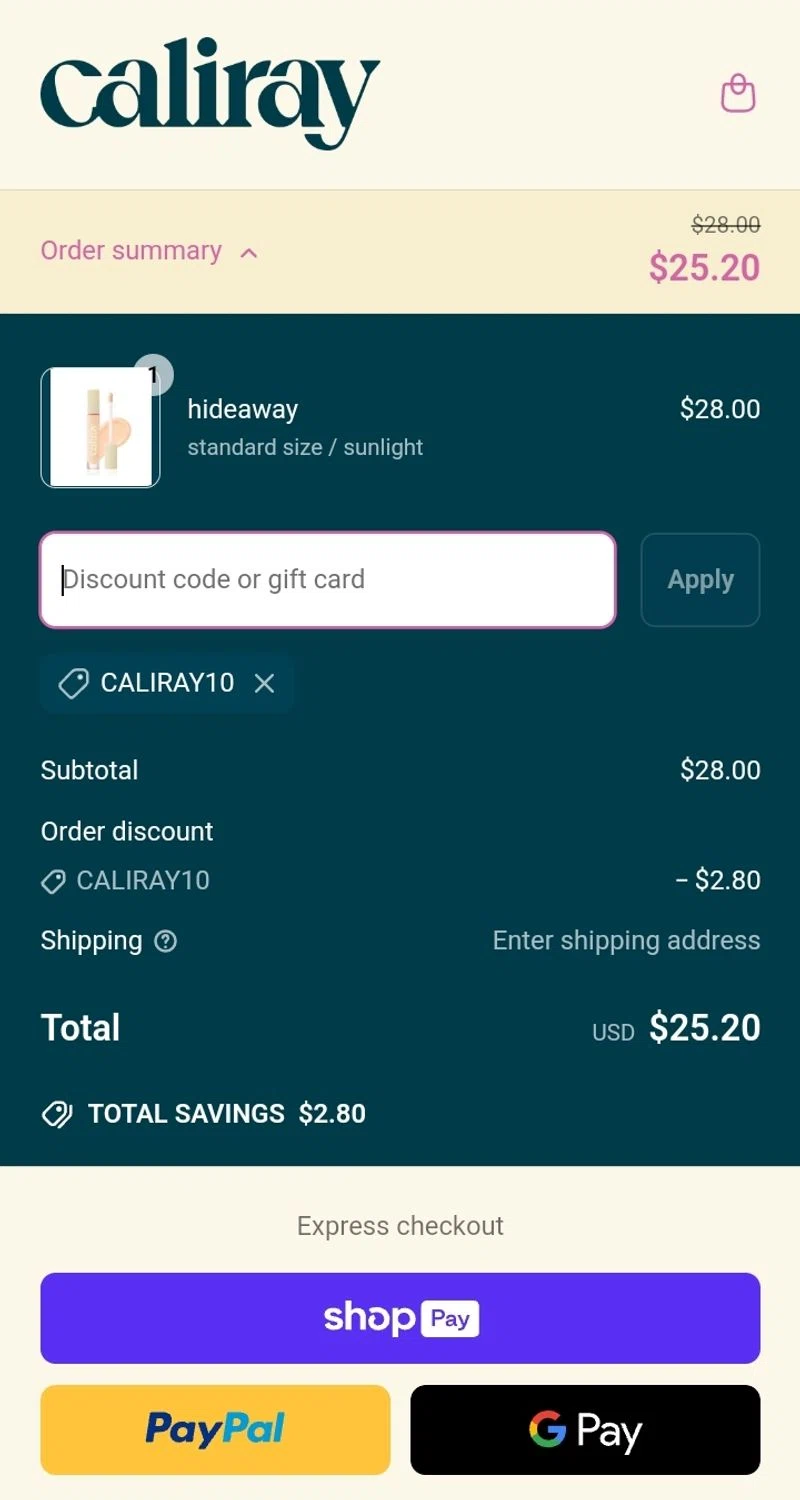 caliray discount code screenshot showing code CALIRAY10 applied at caliray checkout page. Uploaded by SimplyCodes community member NobleHunter6751 on Apr 15, 2025