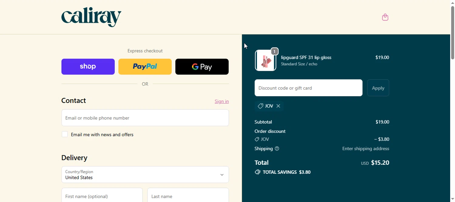 caliray discount code screenshot showing code JOV applied at caliray checkout page. Uploaded by SimplyCodes community member armalissolorzano1 on Nov 8, 2025