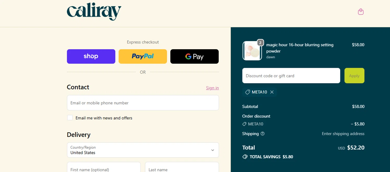 caliray discount code screenshot showing code META10 applied at caliray checkout page. Uploaded by SimplyCodes community member ashe1986 on Sep 19, 2025