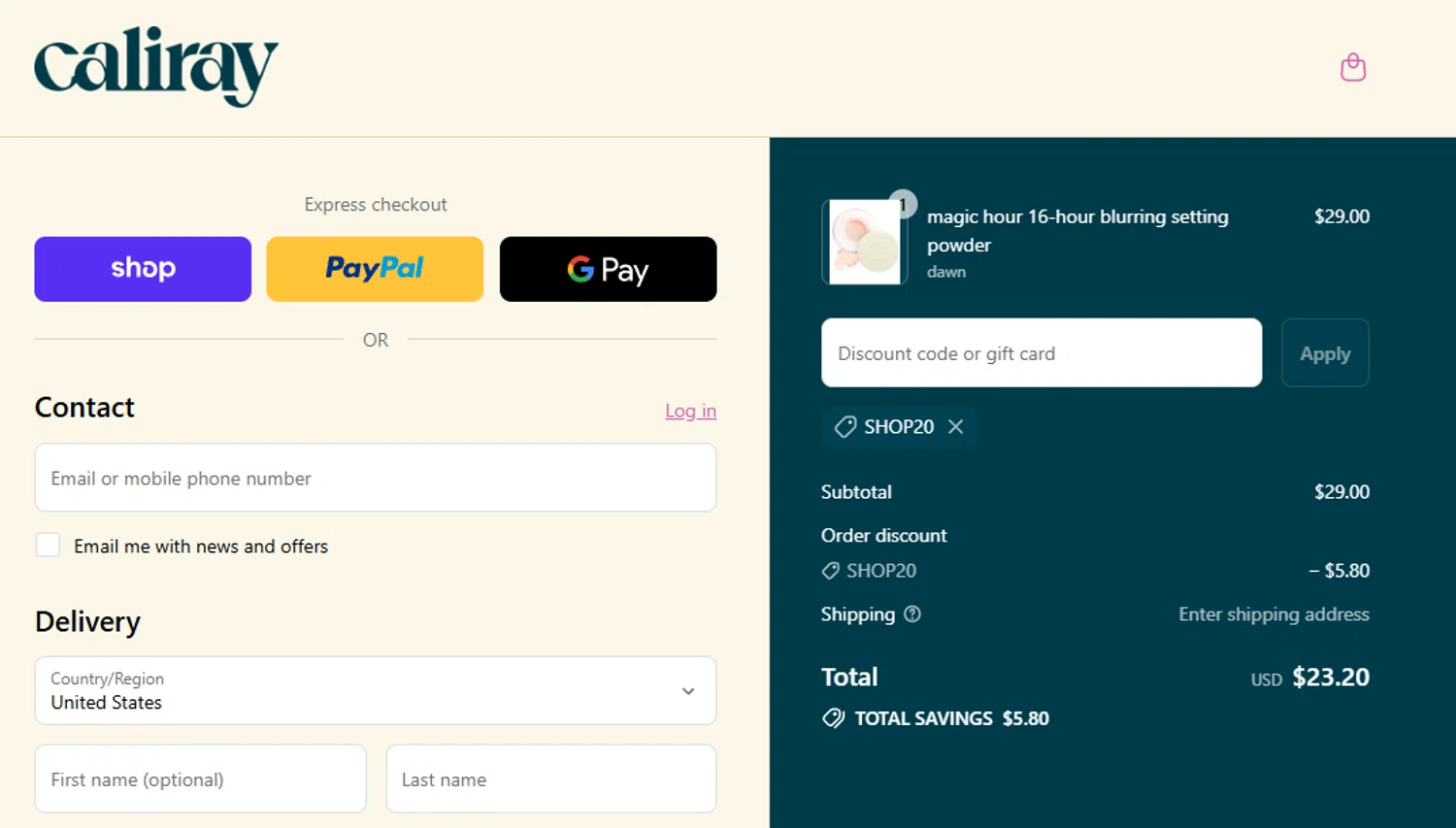 caliray discount code screenshot showing code SHOP20 applied at caliray checkout page. Uploaded by SimplyCodes community member eithanmilas on Sep 5, 2025