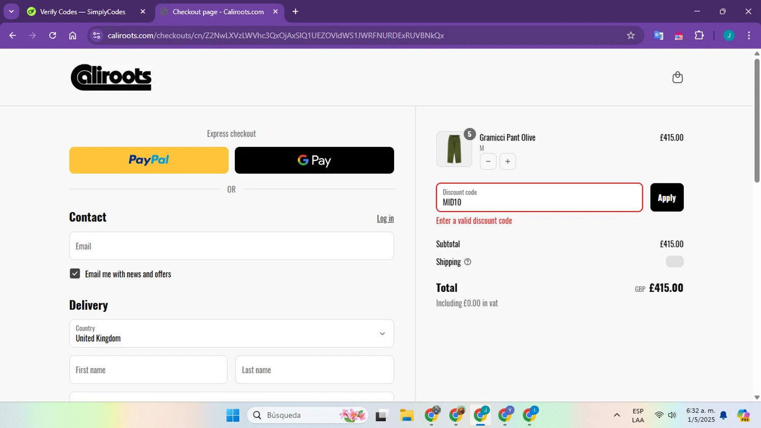 Caliroots UK promo code screenshot showing code MID10 applied at Caliroots UK checkout page. Uploaded by SimplyCodes community member JhofranGG on May 1, 2025
