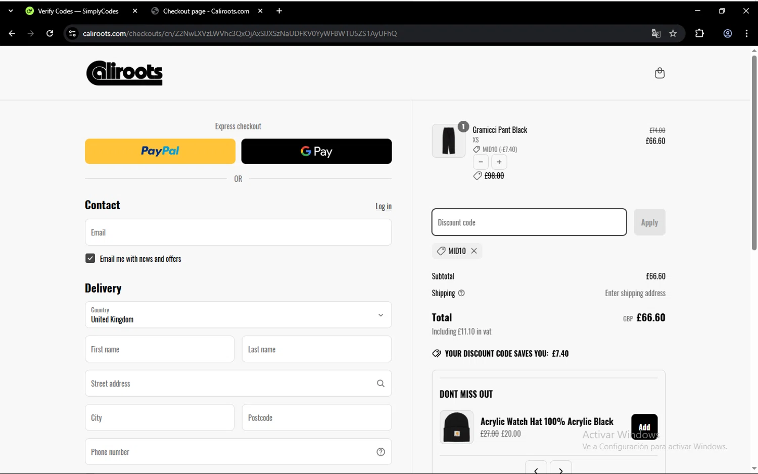 Caliroots UK checkout page showing Caliroots UK promo code box | Screenshot taken by SimplyCodes community member on Apr 15, 2025
