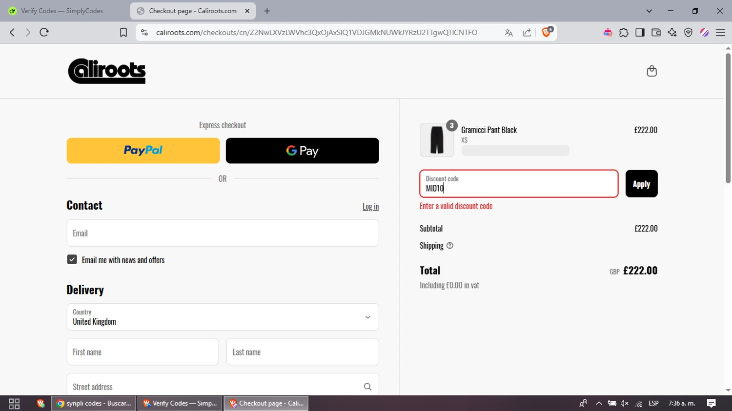 Caliroots UK promo code screenshot showing code MID10 applied at Caliroots UK checkout page. Uploaded by SimplyCodes community member CrownPhoenix3482 on May 1, 2025