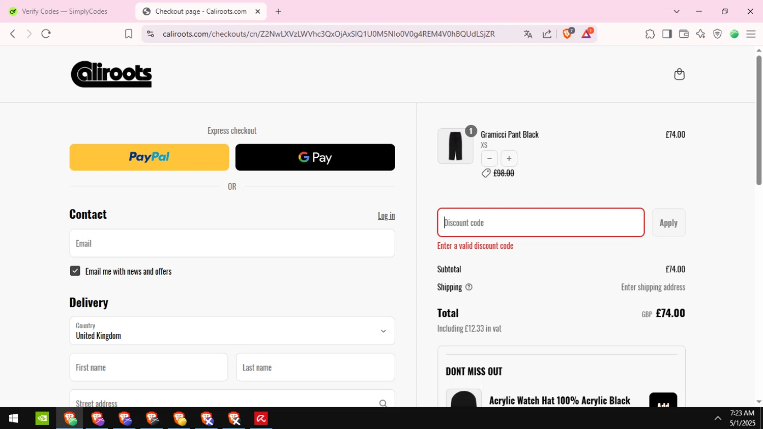 Caliroots UK promo code screenshot showing code MID10 applied at Caliroots UK checkout page. Uploaded by SimplyCodes community member DiscountSentinel4513 on May 1, 2025