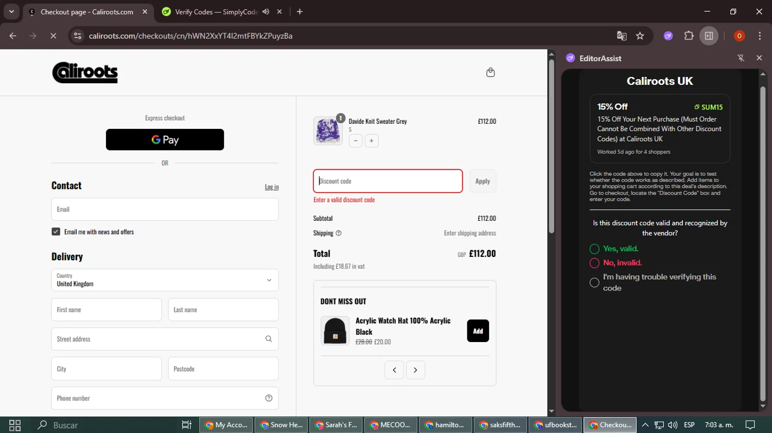 Caliroots UK promo code screenshot showing code SUM15 applied at Caliroots UK checkout page. Uploaded by SimplyCodes community member SavingsLegend3954 on Sep 3, 2025