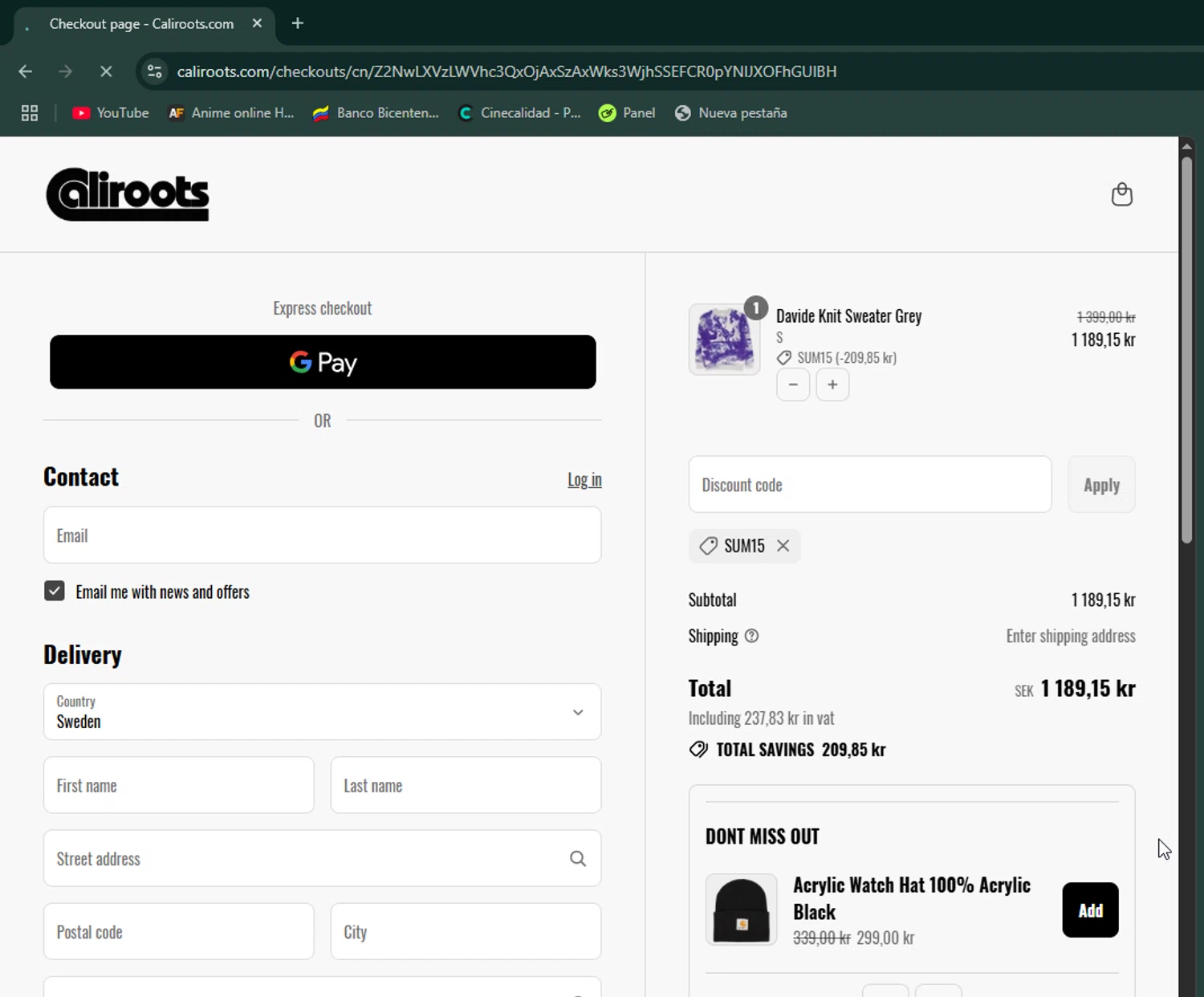 Caliroots UK checkout page showing Caliroots UK promo code box | Screenshot taken by SimplyCodes community member on Jul 13, 2025