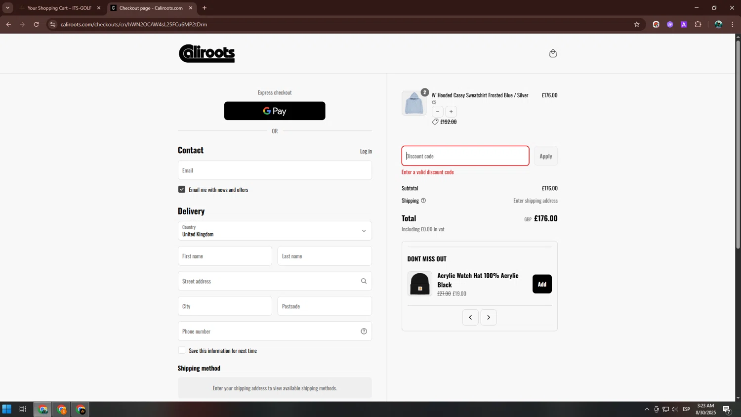 Caliroots UK promo code screenshot showing code WKND20 applied at Caliroots UK checkout page. Uploaded by SimplyCodes community member neurioandrades on Aug 30, 2025