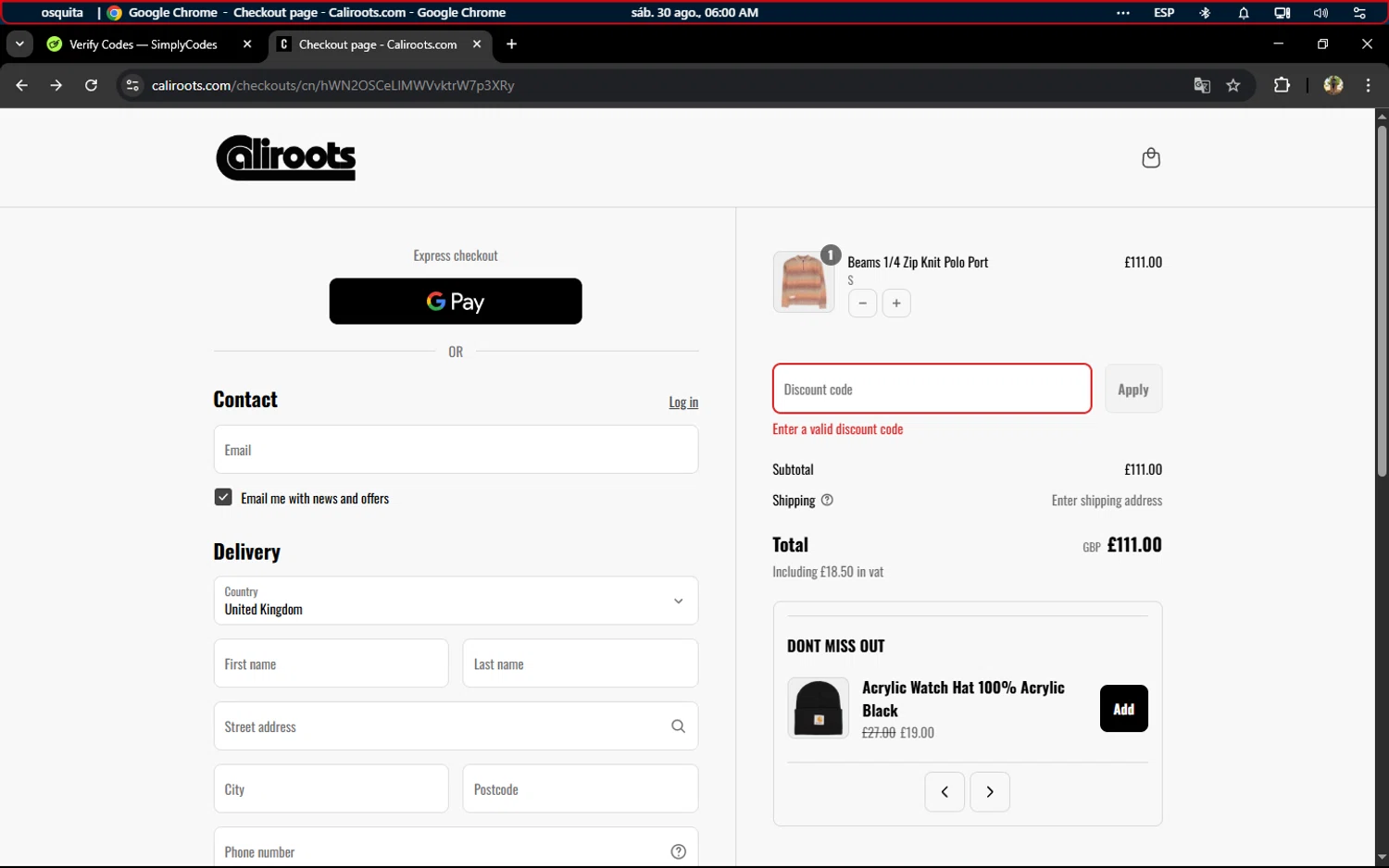 Caliroots UK promo code screenshot showing code WKND20 applied at Caliroots UK checkout page. Uploaded by SimplyCodes community member ELVERDEDESAMP on Aug 30, 2025