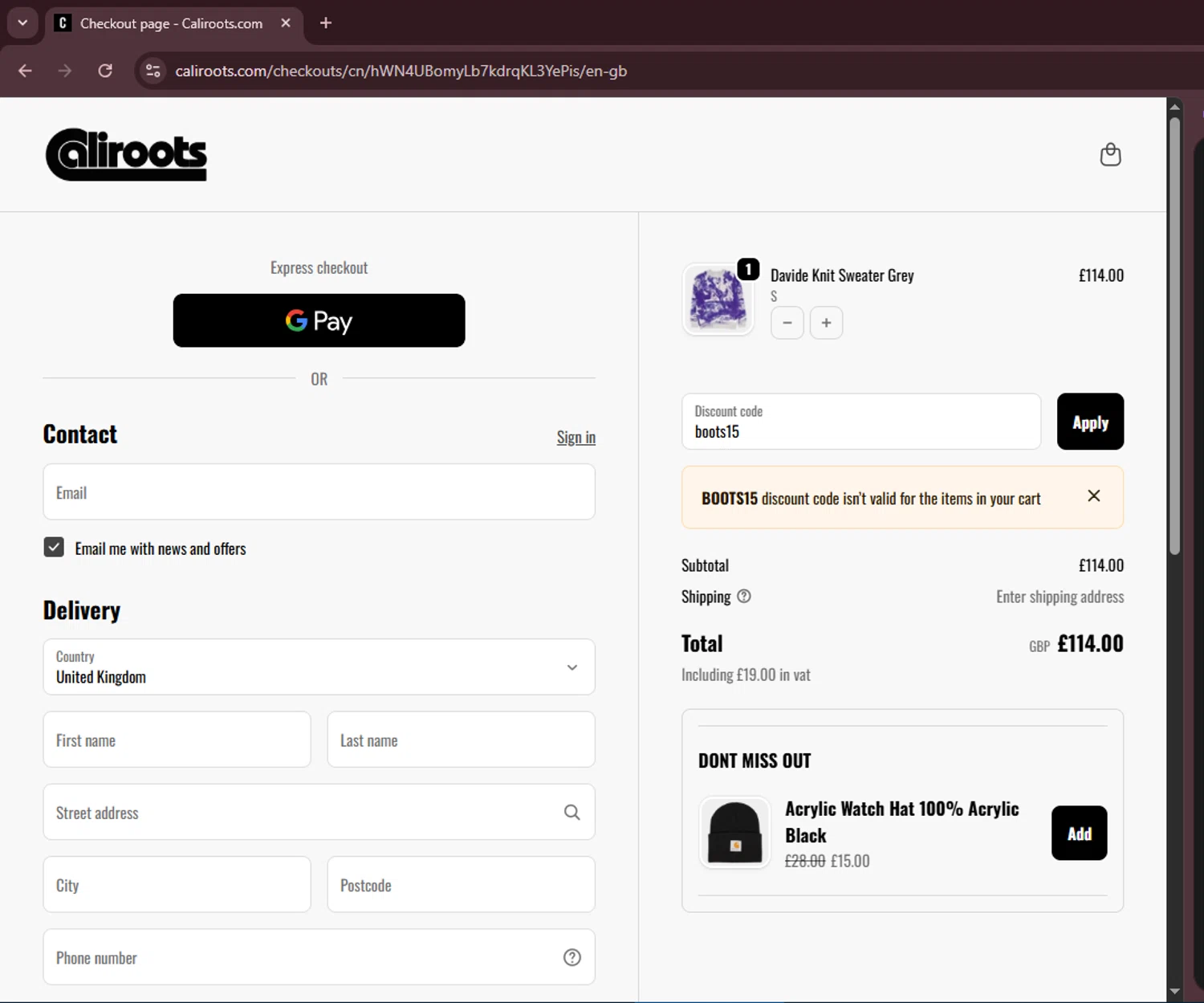Caliroots UK checkout page showing Caliroots UK promo code box | Screenshot taken by SimplyCodes community member on Oct 24, 2025
