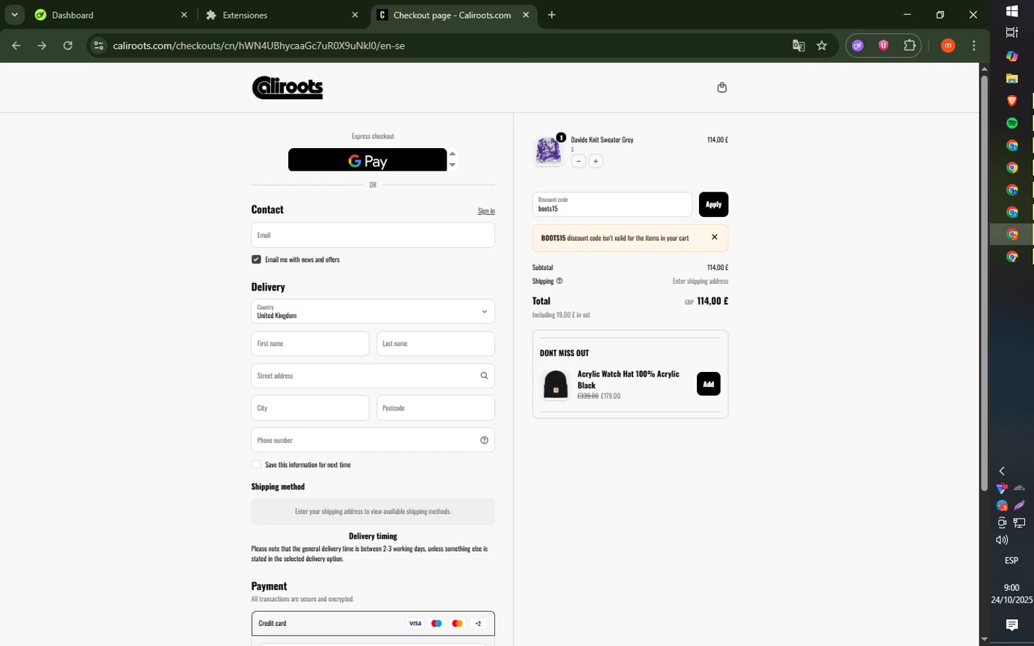 Caliroots UK checkout page showing Caliroots UK promo code box | Screenshot taken by SimplyCodes community member on Oct 24, 2025
