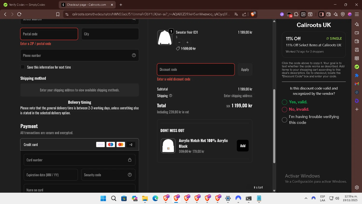 Caliroots UK promo code screenshot showing code SINGLE applied at Caliroots UK checkout page. Uploaded by SimplyCodes community member ELHIJOEMILA on Nov 19, 2025