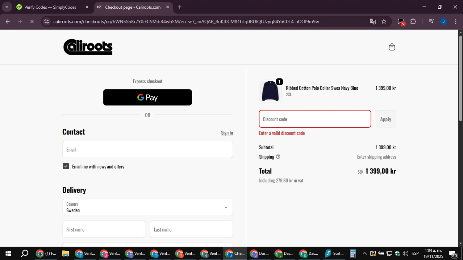 Caliroots UK promo code screenshot showing code SINGLE applied at Caliroots UK checkout page. Uploaded by SimplyCodes community member noesmith34ur on Nov 19, 2025