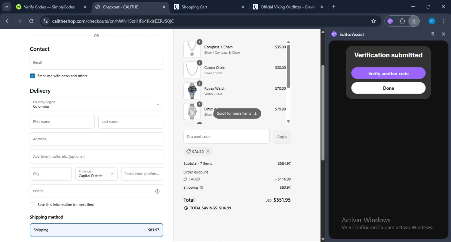 CALITHE discount code screenshot showing code cali20 applied at CALITHE checkout page. Uploaded by SimplyCodes community member LuckyWarden9122 on Jul 27, 2025