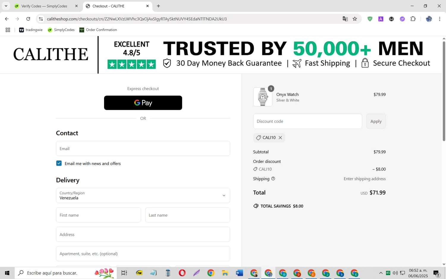 CALITHE discount code screenshot showing code cali10 applied at CALITHE checkout page. Uploaded by SimplyCodes community member JoseH45 on Jun 6, 2025