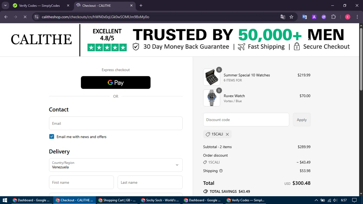 CALITHE discount code screenshot showing code 15CALI applied at CALITHE checkout page. Uploaded by SimplyCodes community member MightyNavigator742 on Jul 23, 2025