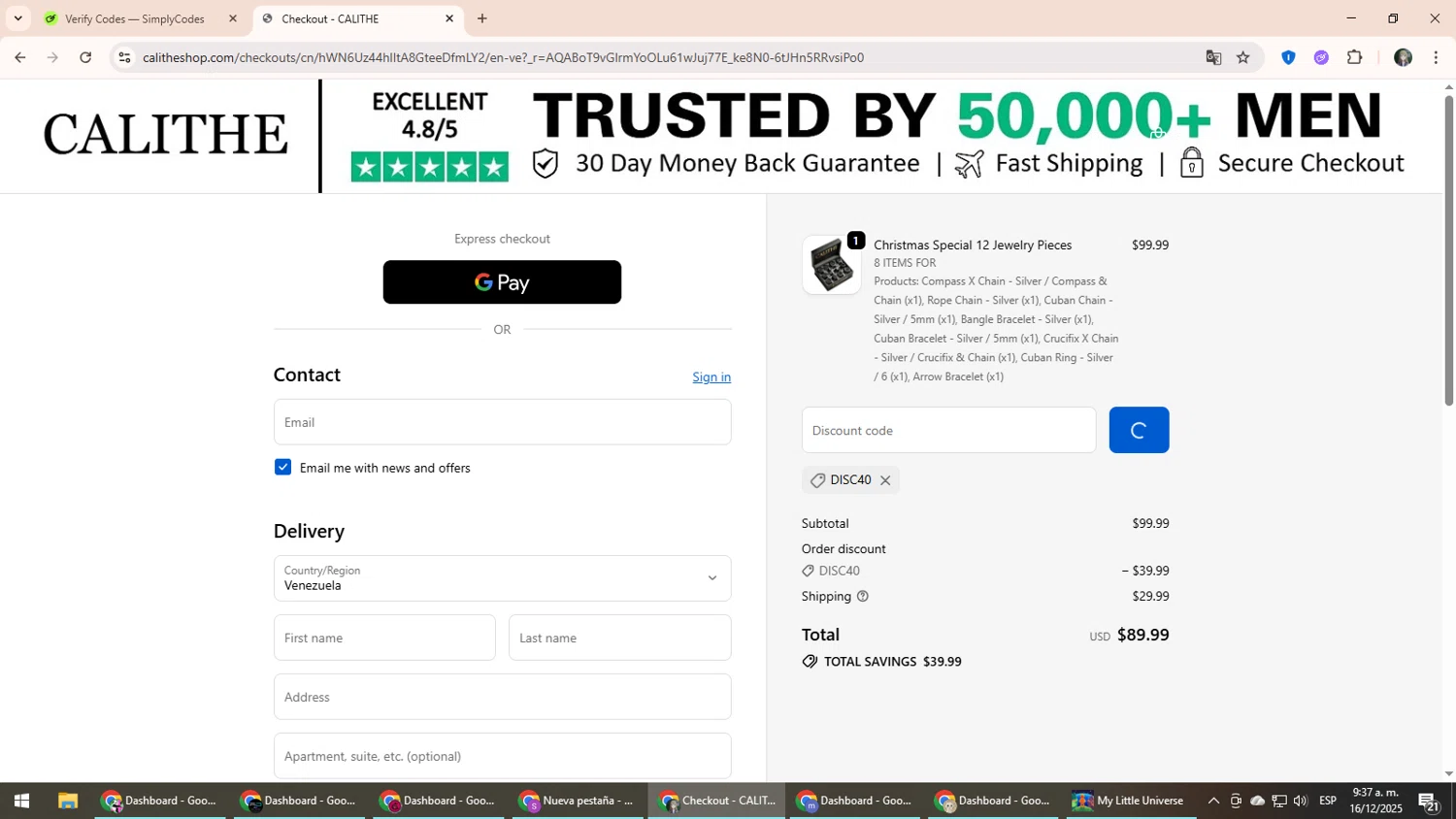 CALITHE discount code screenshot showing code Disc40 applied at CALITHE checkout page. Uploaded by SimplyCodes community member CleverLynx6871 on Dec 16, 2025