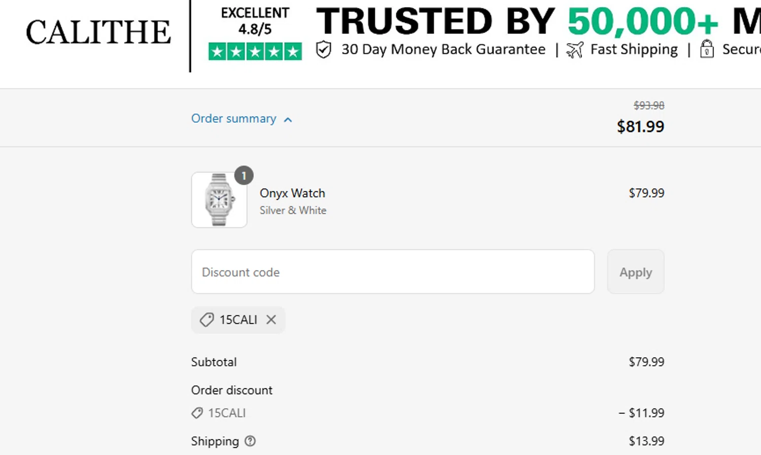 CALITHE discount code screenshot showing code 15CALI applied at CALITHE checkout page. Uploaded by SimplyCodes community member ashe1986 on Jul 23, 2025