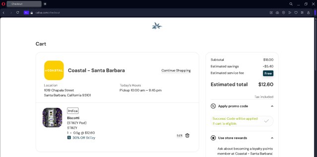 Caliva checkout page showing Caliva promo code box | Screenshot taken by SimplyCodes community member on Feb 6, 2025