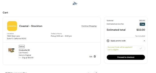 Caliva checkout page showing Caliva promo code box | Screenshot taken by SimplyCodes community member on Feb 27, 2025