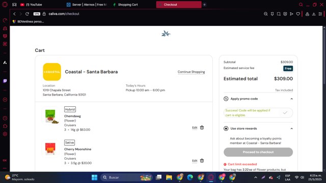Caliva checkout page showing Caliva promo code box | Screenshot taken by SimplyCodes community member on May 25, 2025