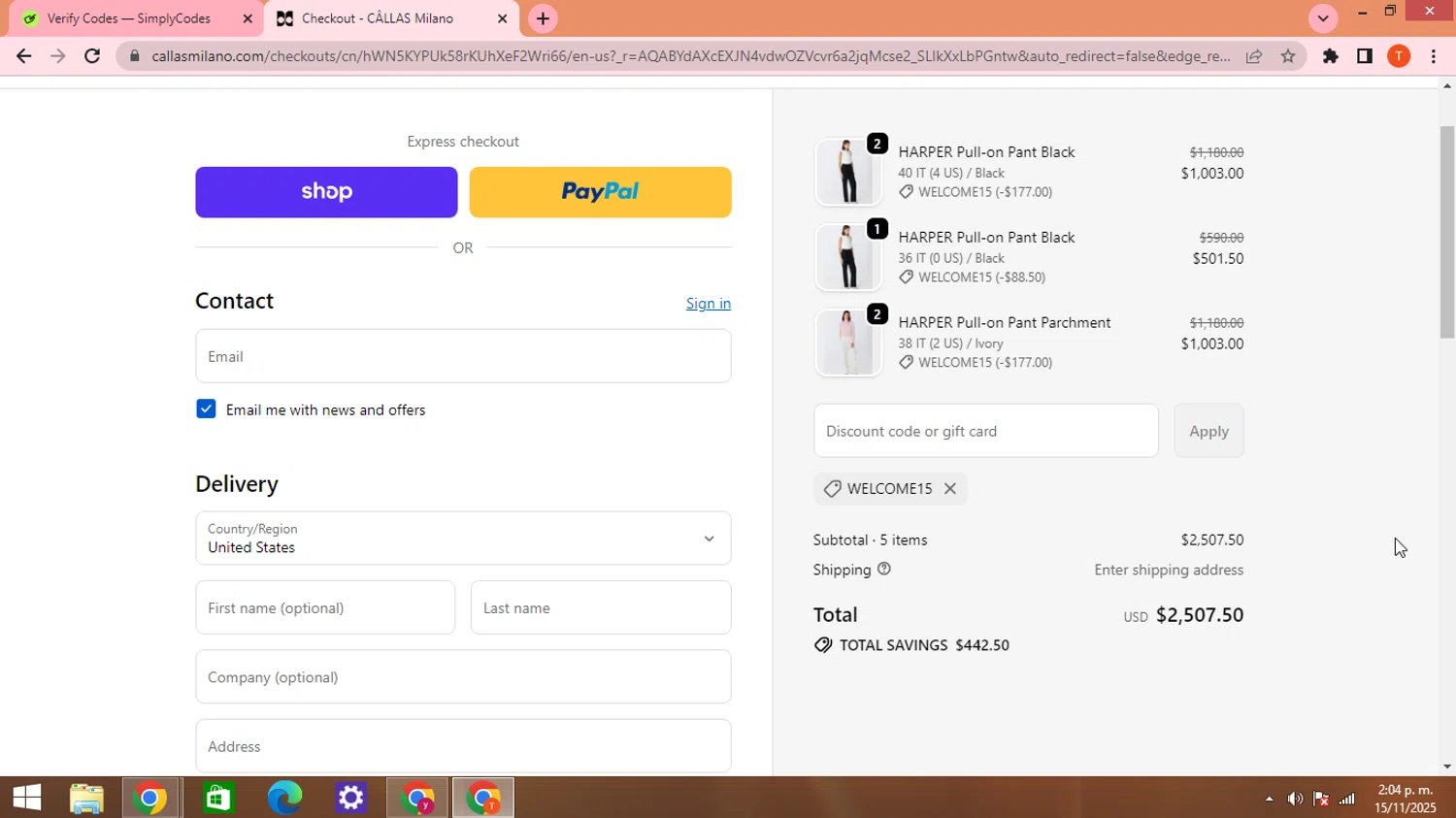 Callas Milano promo code screenshot showing code WELCOME15 applied at Callas Milano checkout page. Uploaded by SimplyCodes community member HHHHHHH on Nov 15, 2025