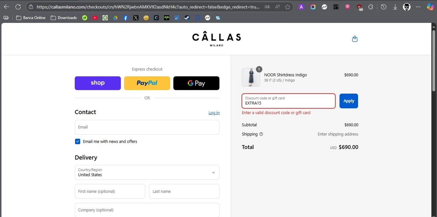 Callas Milano promo code screenshot showing code EXTRA15 applied at Callas Milano checkout page. Uploaded by SimplyCodes community member ROCKSORD on Aug 31, 2025