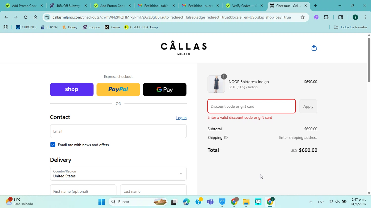 Callas Milano promo code screenshot showing code EXTRA15 applied at Callas Milano checkout page. Uploaded by SimplyCodes community member jorgejavierherrera on Aug 31, 2025