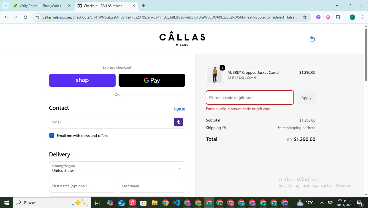 Callas Milano promo code screenshot showing code PRISSANDVINEGAR15 applied at Callas Milano checkout page. Uploaded by SimplyCodes community member BonusPilot927 on Nov 30, 2025