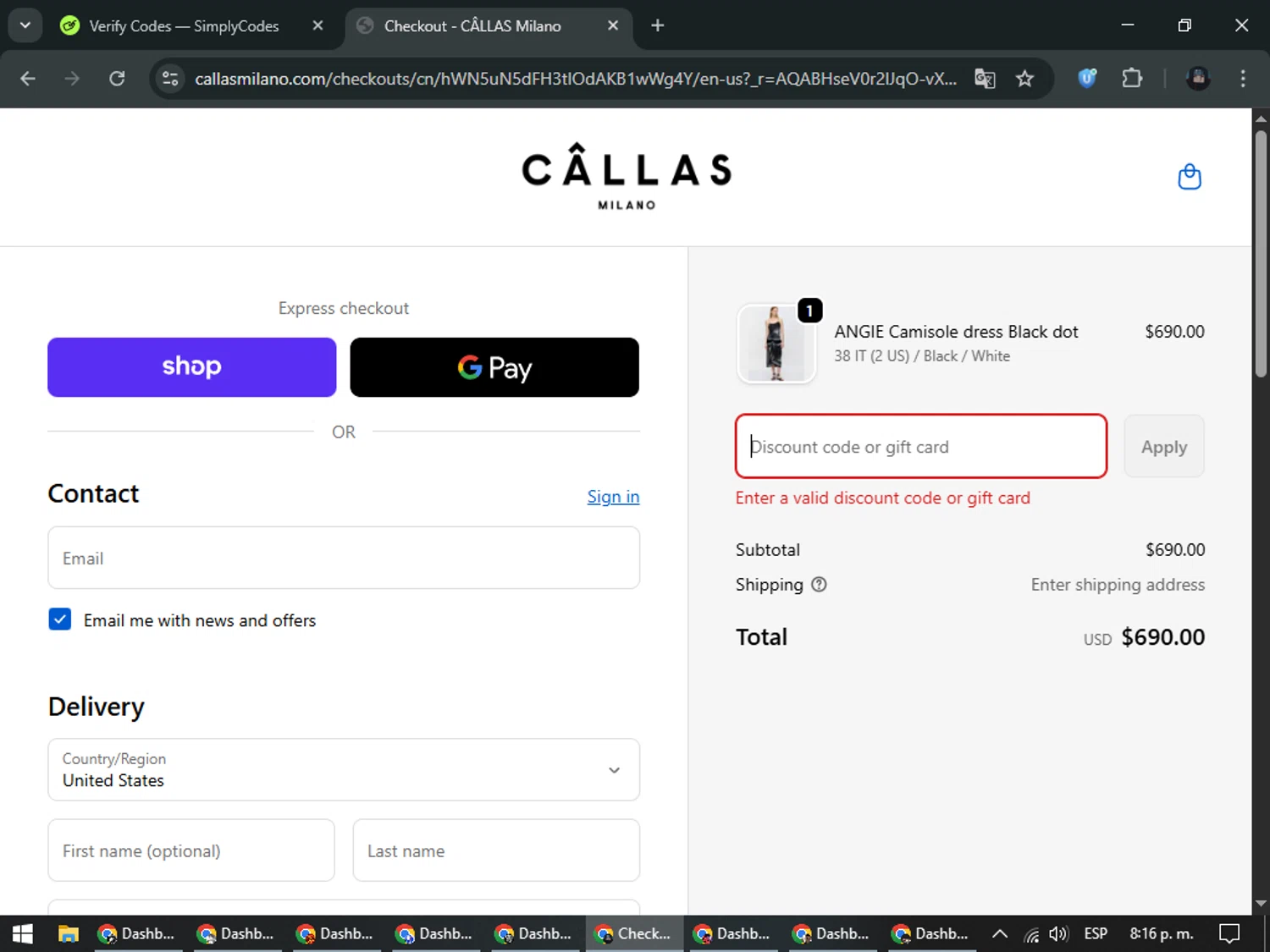Callas Milano promo code screenshot showing code PRISSANDVINEGAR15 applied at Callas Milano checkout page. Uploaded by SimplyCodes community member ValueElite5945 on Dec 1, 2025