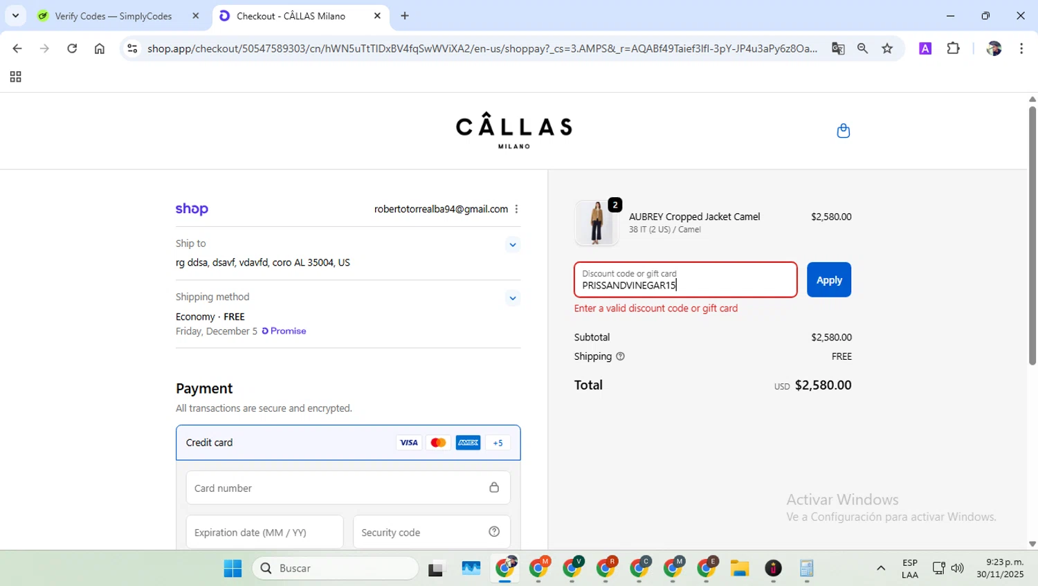 Callas Milano promo code screenshot showing code PRISSANDVINEGAR15 applied at Callas Milano checkout page. Uploaded by SimplyCodes community member alfredohernandez on Dec 1, 2025