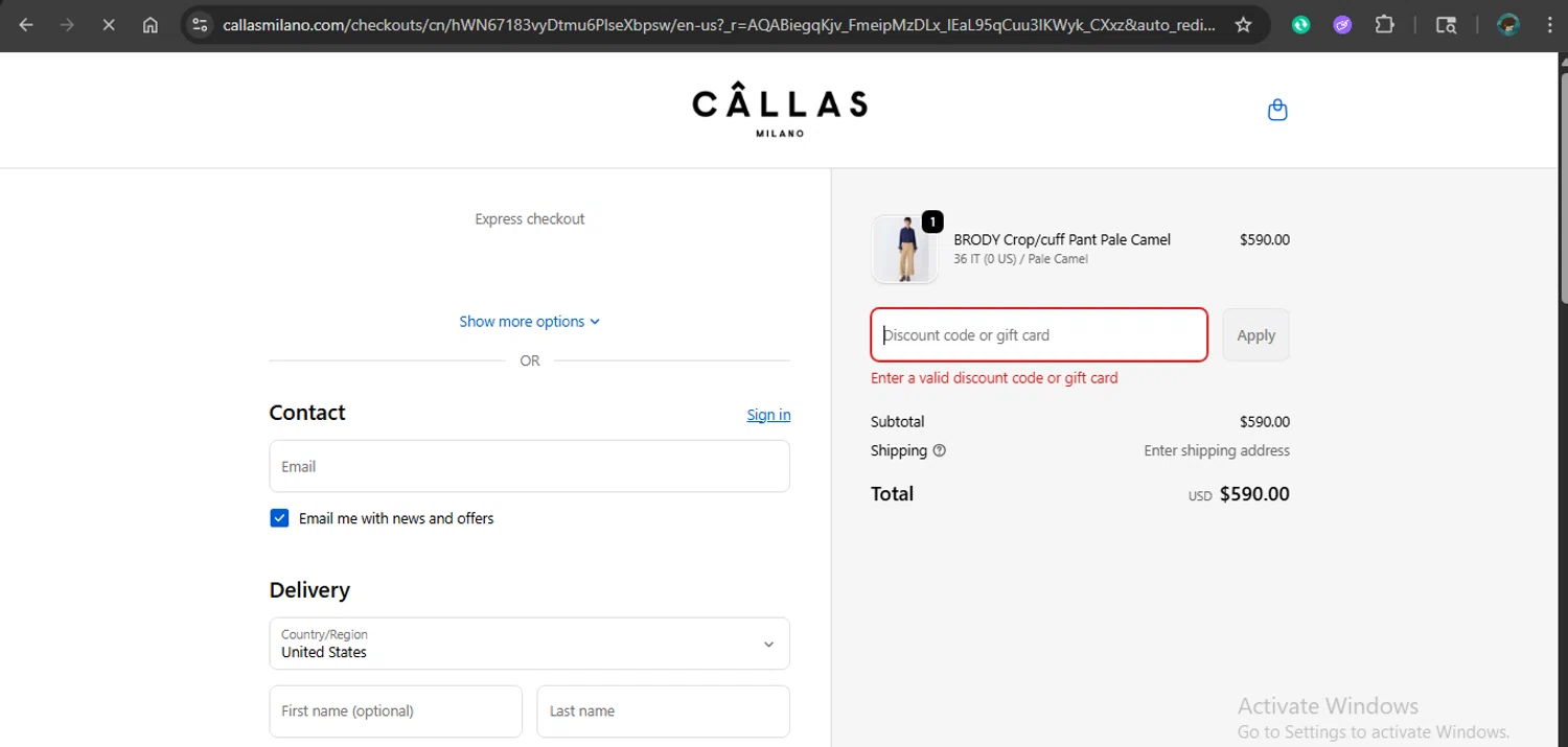 Callas Milano promo code screenshot showing code bfcm applied at Callas Milano checkout page. Uploaded by SimplyCodes community member xAngel on Dec 6, 2025