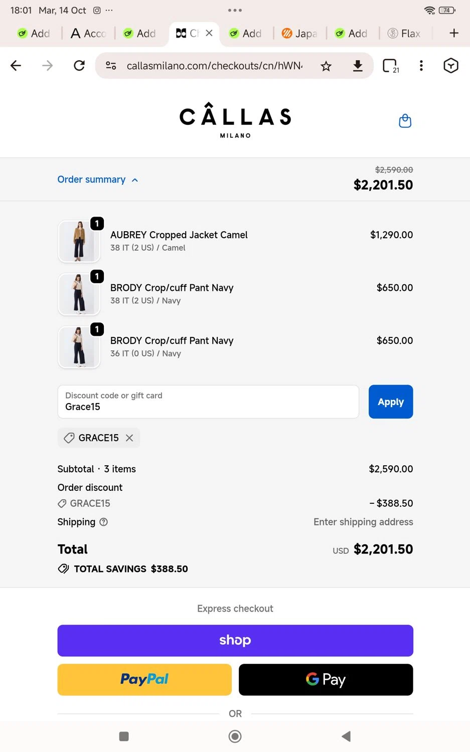 Callas Milano promo code screenshot showing code Grace15 applied at Callas Milano checkout page. Uploaded by SimplyCodes community member KarinaHZ on Oct 14, 2025