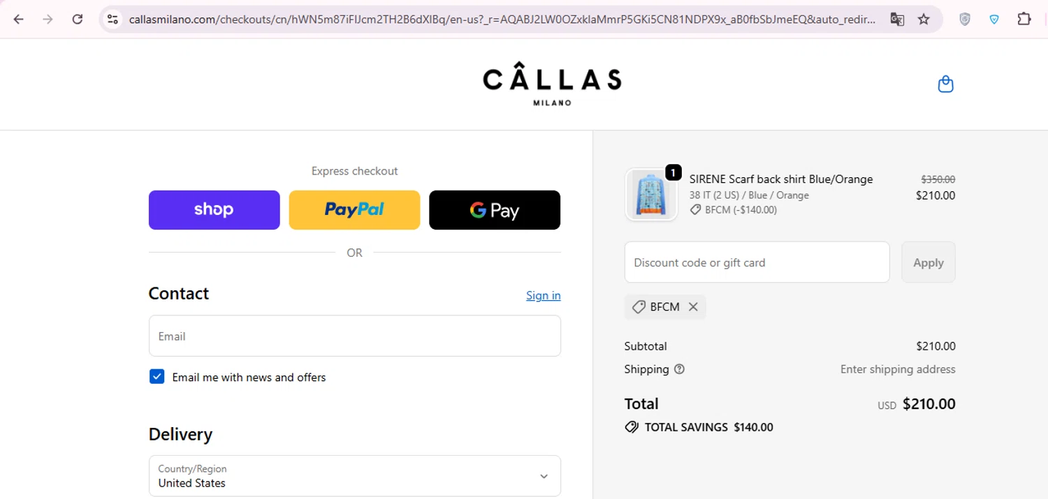 Callas Milano promo code screenshot showing code bfcm applied at Callas Milano checkout page. Uploaded by SimplyCodes community member carol_lameda on Nov 27, 2025