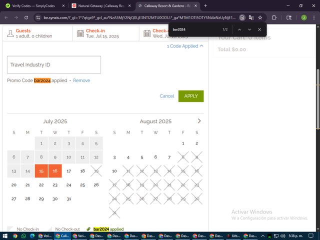 Callaway Gardens checkout page showing Callaway Gardens promo code box | Screenshot taken by SimplyCodes community member on Jul 15, 2025