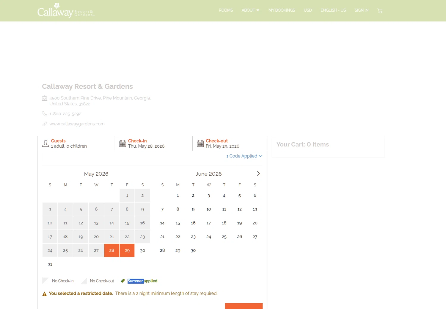 Callaway Gardens promo code screenshot showing code Summer applied at Callaway Gardens checkout page. Uploaded by SimplyCodes community member Dejadepicharme on May 28, 2026
