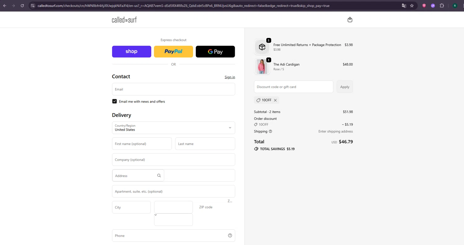 Called To Surf checkout page showing Called To Surf discount code box | Screenshot taken by SimplyCodes community member on Feb 10, 2026