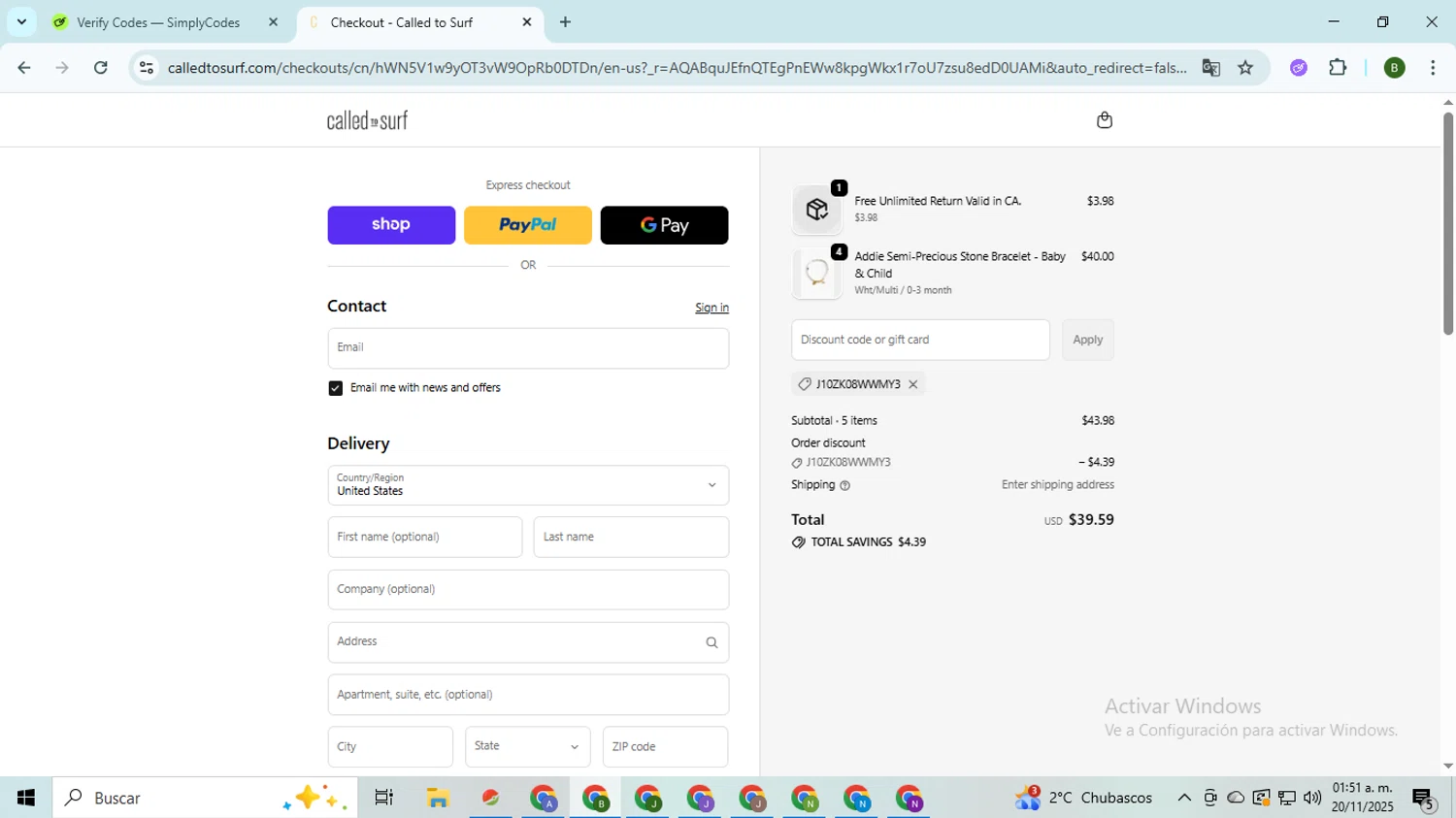 Called To Surf discount code screenshot showing code J10ZK08WWMY3 applied at Called To Surf checkout page. Uploaded by SimplyCodes community member SaleVirtuoso5993 on Nov 20, 2025