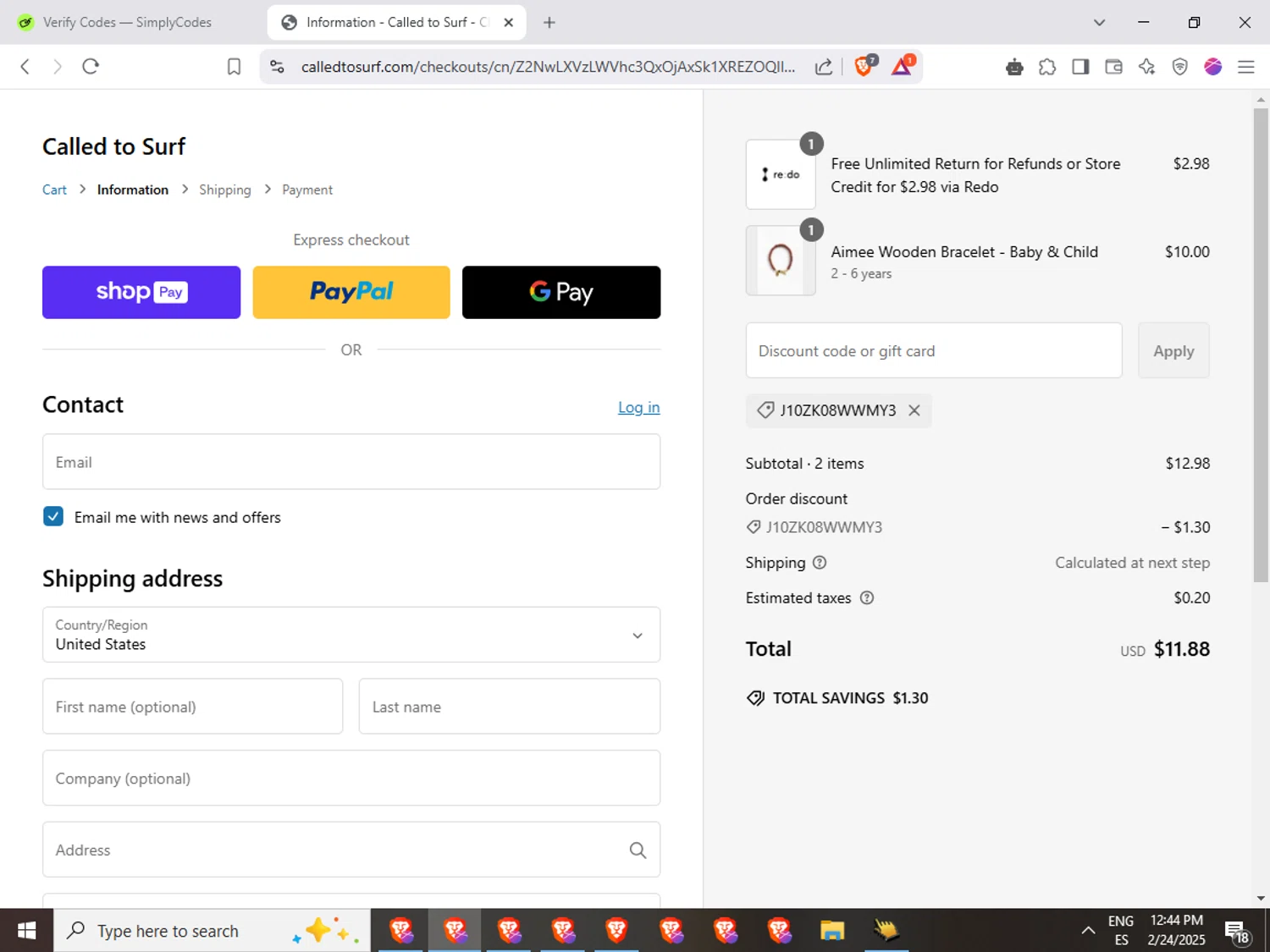 Called To Surf discount code screenshot showing code J10ZK08WWMY3 applied at Called To Surf checkout page. Uploaded by SimplyCodes community member GoldGuardian667 on Feb 24, 2025