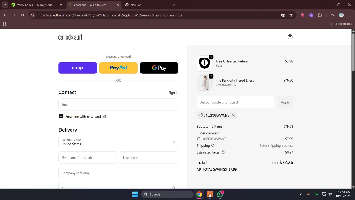 Called To Surf discount code screenshot showing code J10ZK08WWMY3 applied at Called To Surf checkout page. Uploaded by SimplyCodes community member lunita on Oct 11, 2025