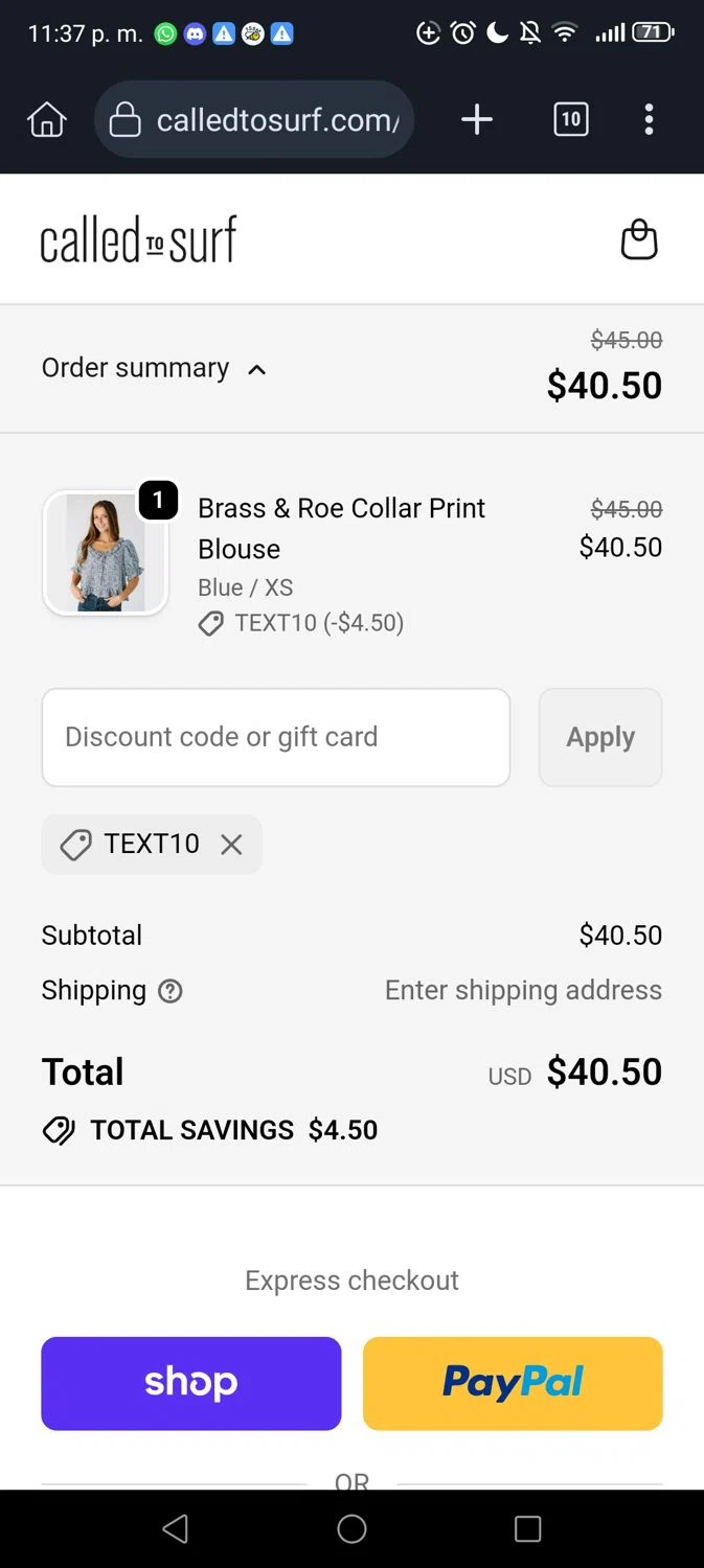 Called To Surf discount code screenshot showing code TEXT10 applied at Called To Surf checkout page. Uploaded by SimplyCodes community member Georg3 on Dec 24, 2025