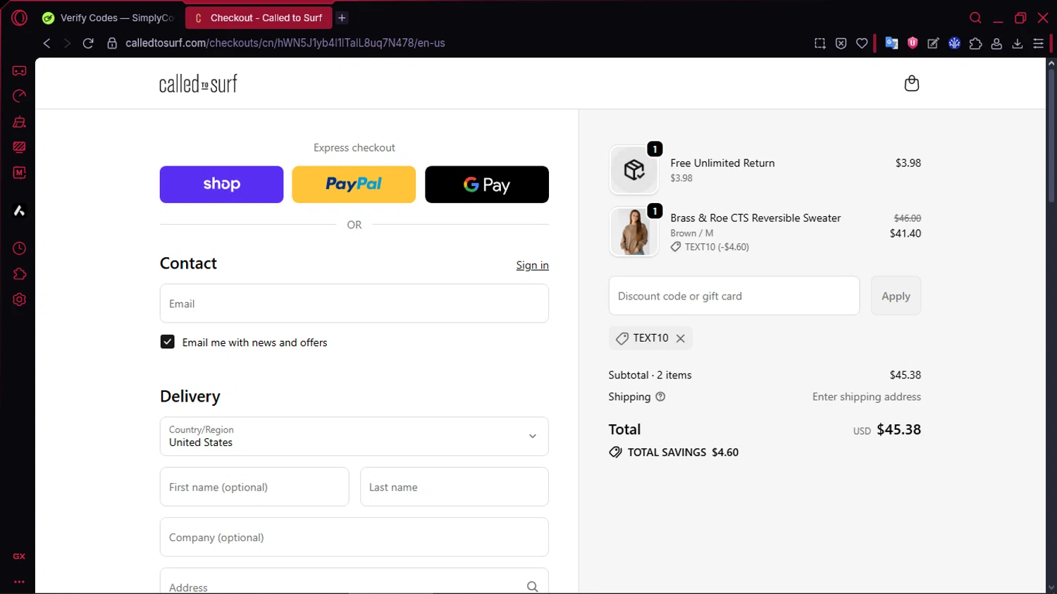Called To Surf discount code screenshot showing code TEXT10 applied at Called To Surf checkout page. Uploaded by SimplyCodes community member TOLUENO on Nov 15, 2025