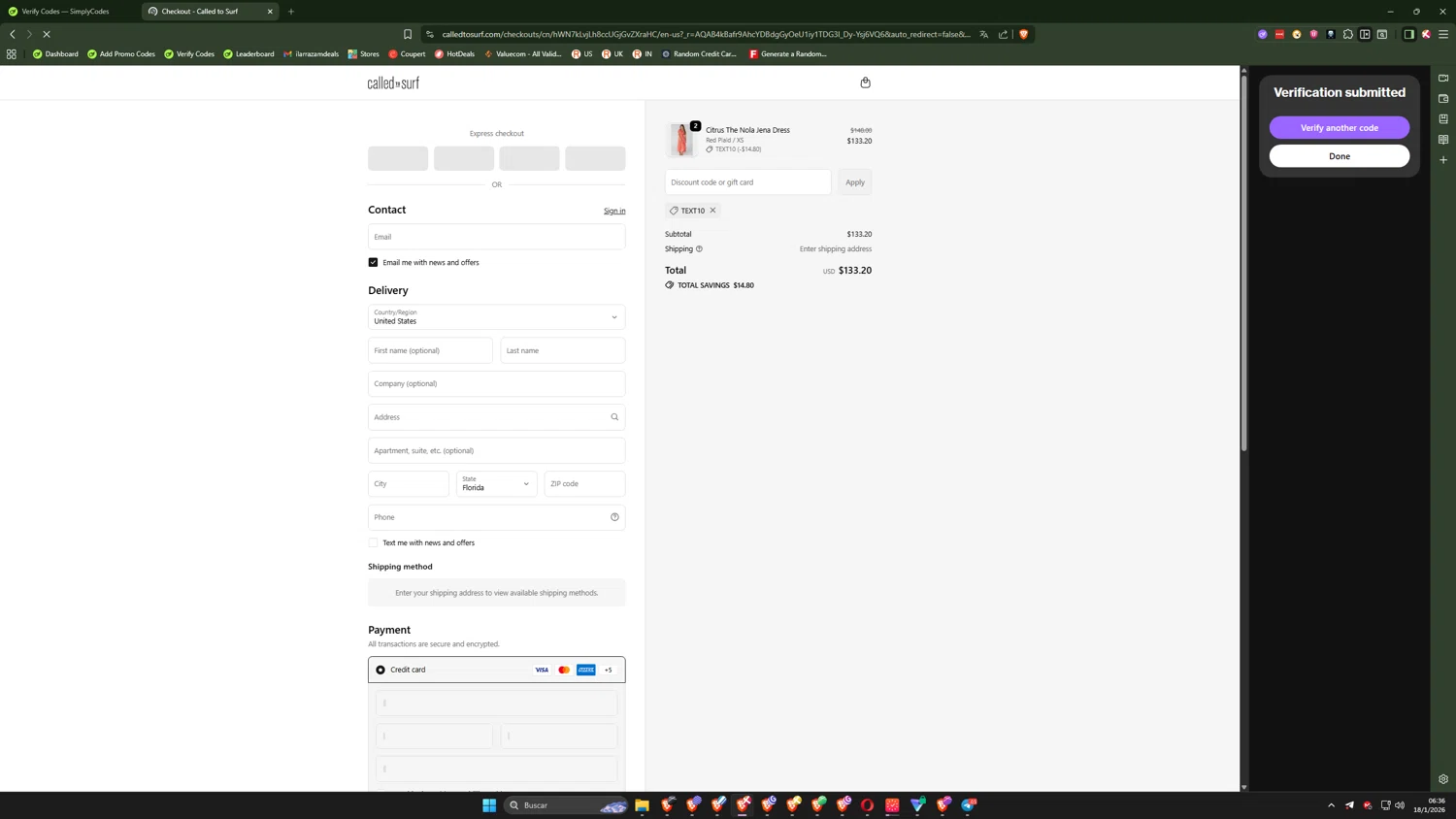 Called To Surf discount code screenshot showing code TEXT10 applied at Called To Surf checkout page. Uploaded by SimplyCodes community member IronMind4607 on Jan 18, 2026