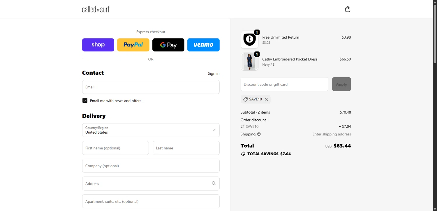 Called To Surf discount code screenshot showing code SAVE10 applied at Called To Surf checkout page. Uploaded by SimplyCodes community member Lorencia on Oct 23, 2025