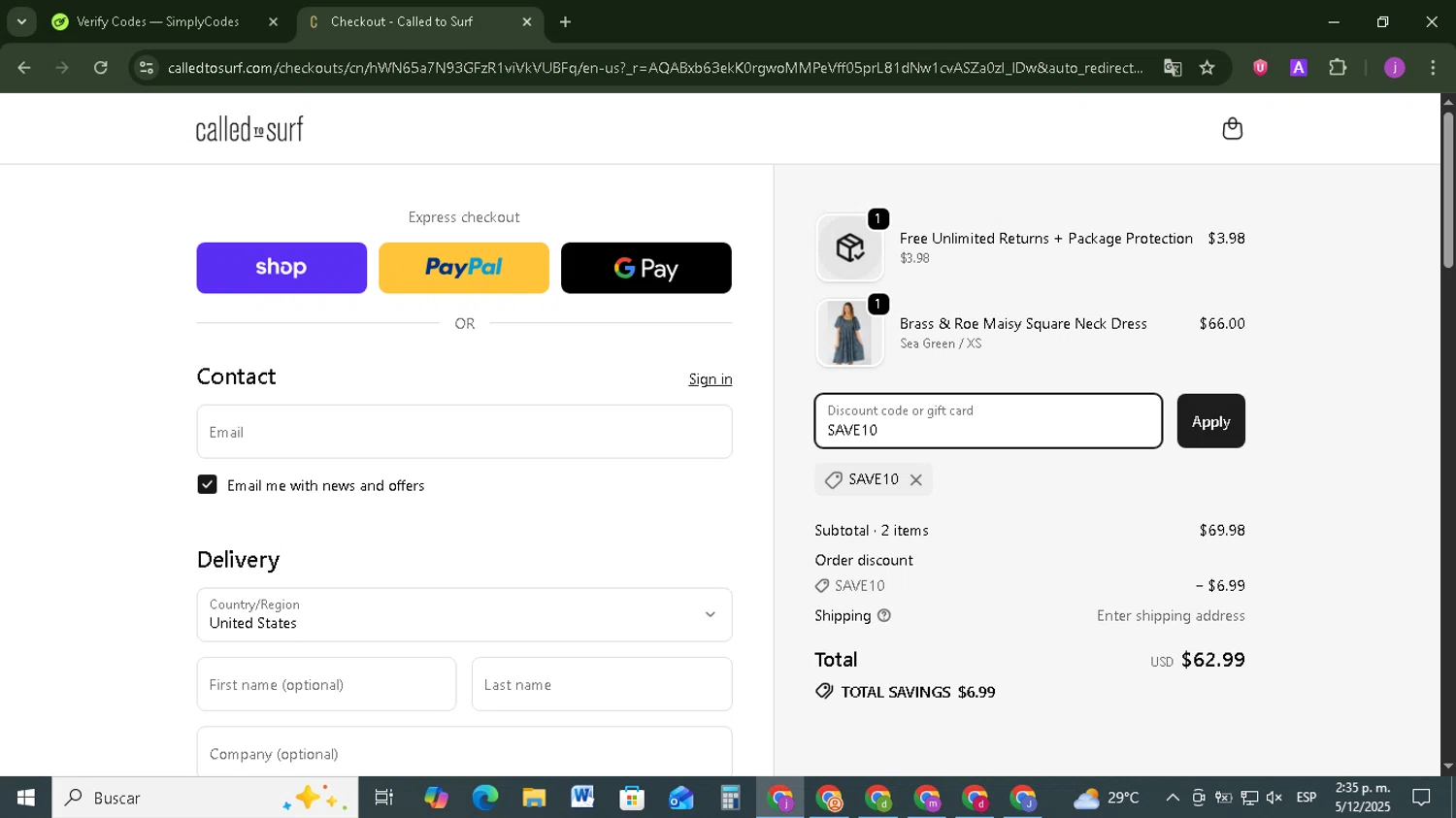 Called To Surf discount code screenshot showing code SAVE10 applied at Called To Surf checkout page. Uploaded by SimplyCodes community member Tazbravo on Dec 5, 2025
