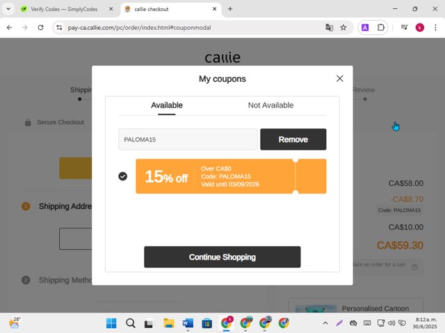 Callie US checkout page showing Callie US promo code box | Screenshot taken by SimplyCodes community member on Jun 30, 2025