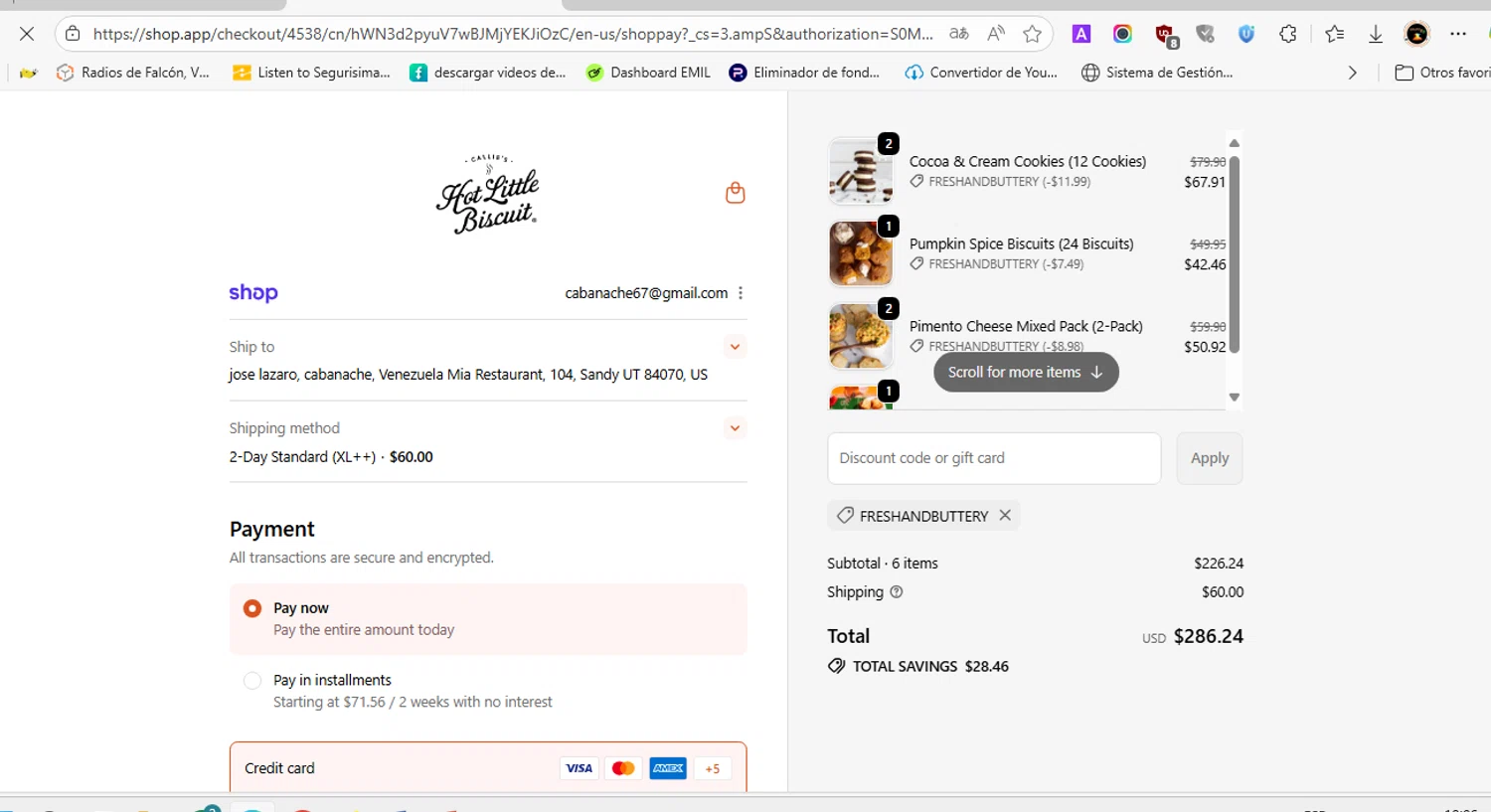 Callie's Biscuit promo code screenshot showing code FRESHANDBUTTERY applied at Callie's Biscuit checkout page. Uploaded by SimplyCodes community member EJL_MIQUILENA on Oct 1, 2025
