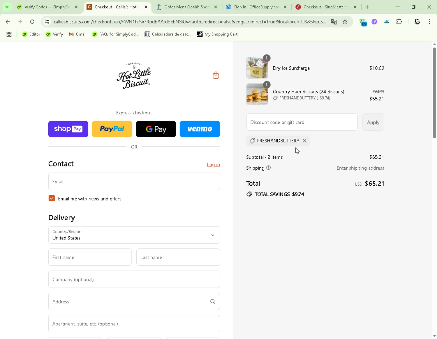 Callie's Biscuit promo code screenshot showing code FRESHANDBUTTERY applied at Callie's Biscuit checkout page. Uploaded by SimplyCodes community member FelixelGato on Aug 12, 2025