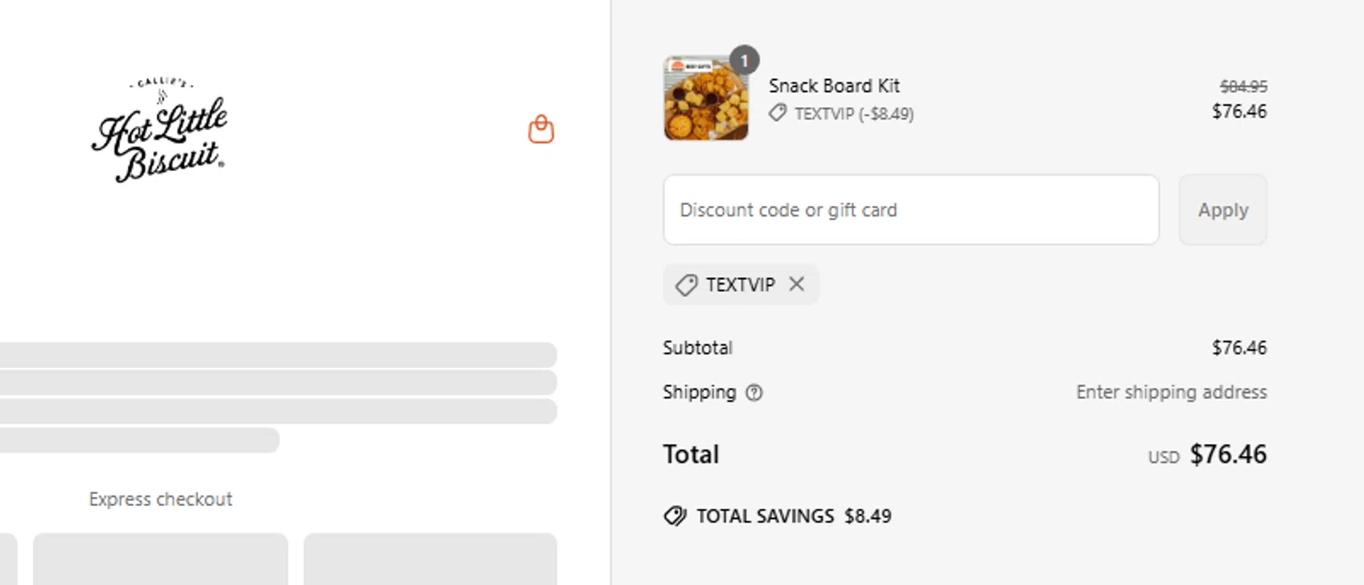 Callie's Biscuit promo code screenshot showing code TEXTVIP applied at Callie's Biscuit checkout page. Uploaded by SimplyCodes community member CouponFox1822 on Jun 6, 2025