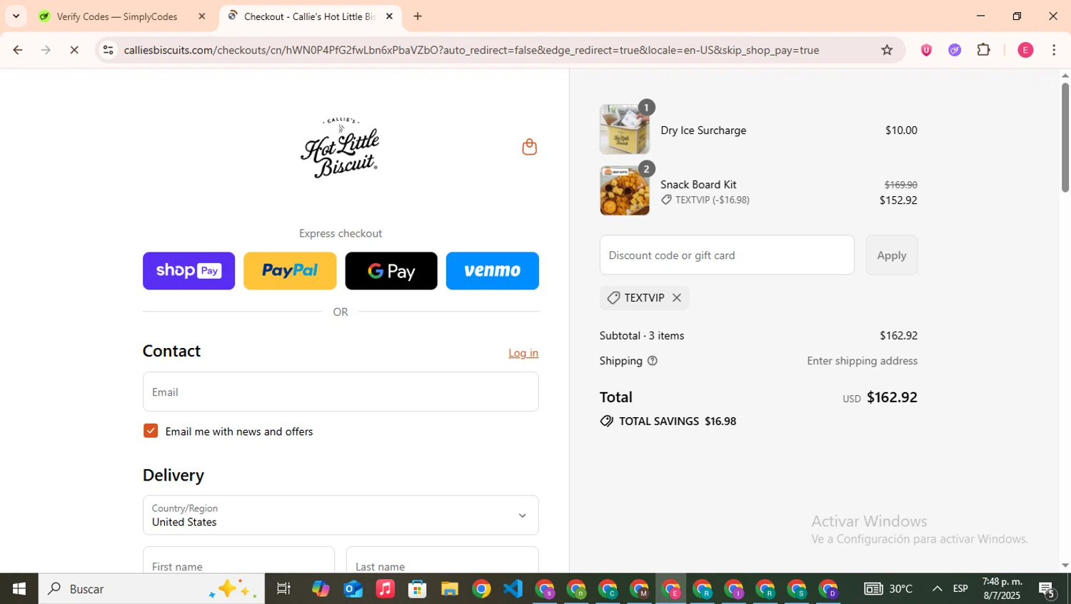 Callie's Biscuit promo code screenshot showing code TEXTVIP applied at Callie's Biscuit checkout page. Uploaded by SimplyCodes community member CouponHero7312 on Jul 8, 2025